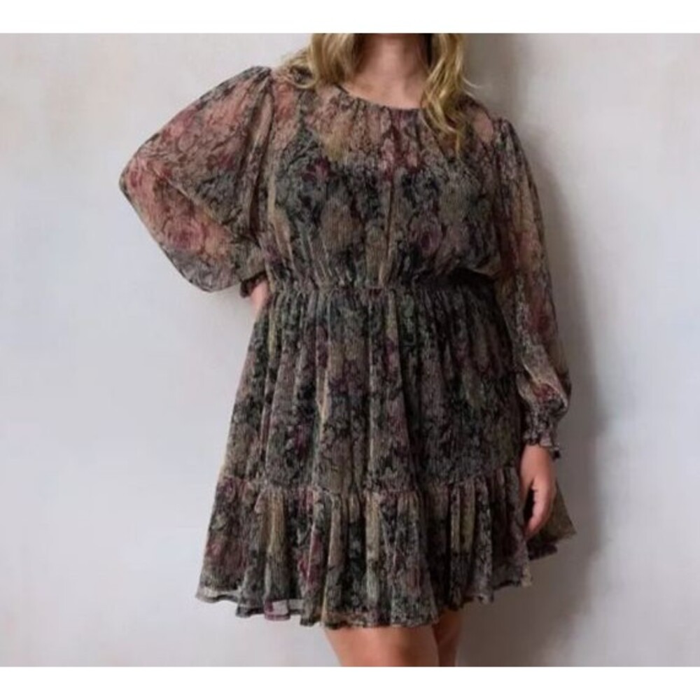 LC Lauren Conrad Sz 3X Floral Gold Metall Chiffon Sheer Sleeve Tiered Mini Dress - Picture 3 of 10